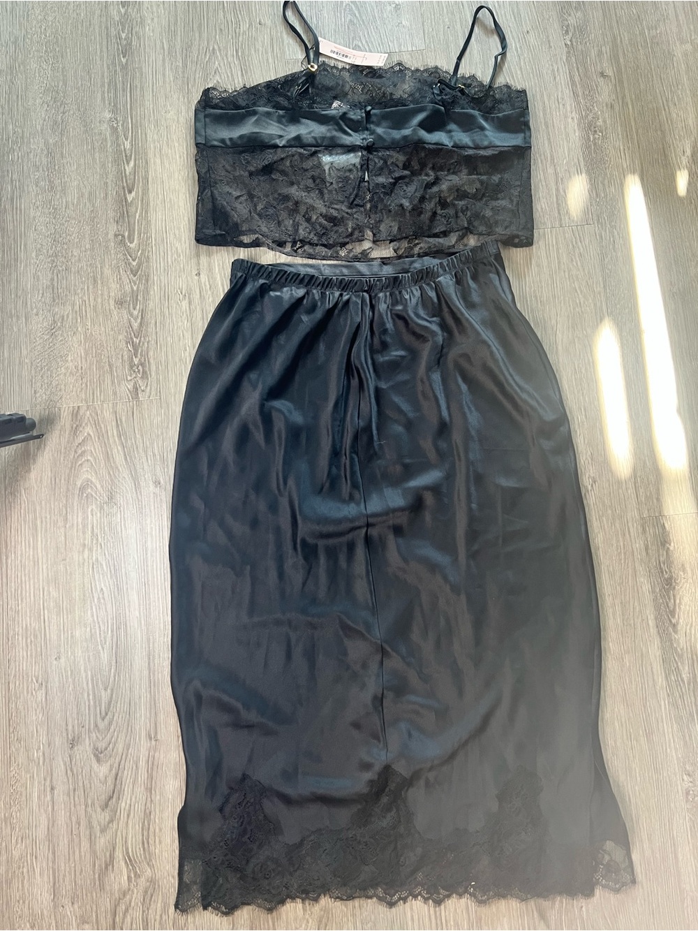 Victoria’s Secret Black Satin Midi Slip Skirt with Lace Trim + Lace Top Set